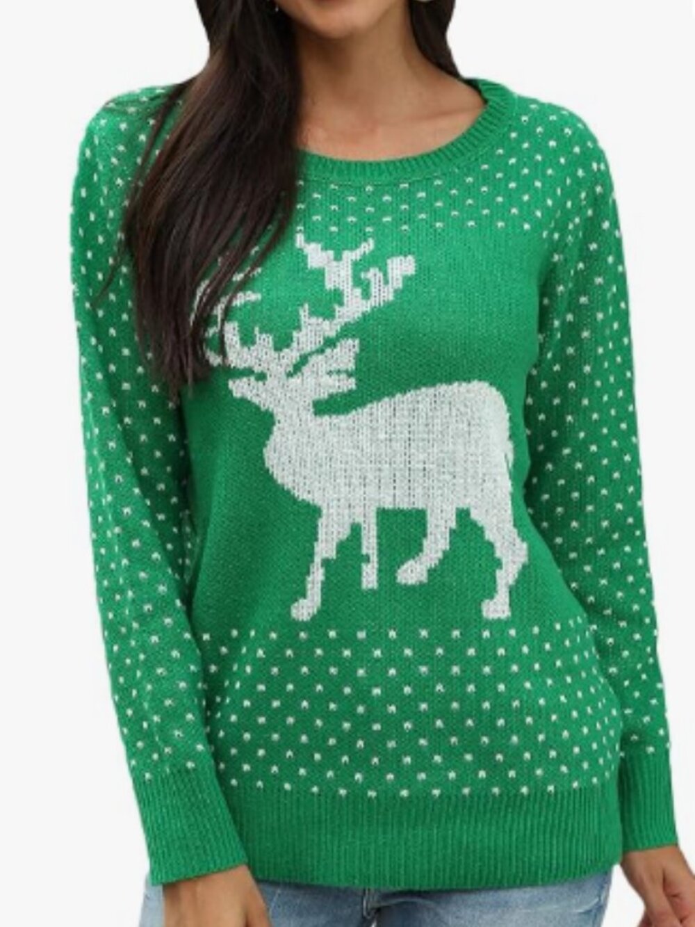 Womens Warm Cozy Green White Reindeer Holiday Ugly Christmas Polka Dot Sweater M